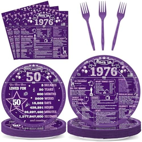 96PCS 50th Birthday Party Paper Plates and Napkins Set for Retro 50 Years Old Party Purple Paper Plates Disposable Decor Back in 1976 Parties Set for Kids Birthday Gatherings Decorations by Oitnlaughter