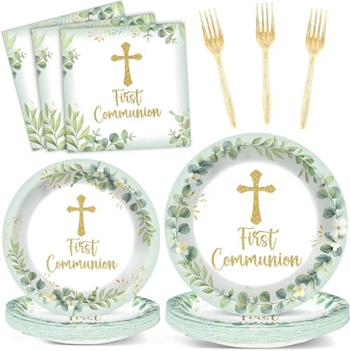 First Communion Party Plates Napkins Green God Bless Baptism Tableware Set Mi Bautizo Dinnerware Eucalyptus Leaf Disposable Paper Plate Fork for Christening Religious Baby Shower Supplies Serve 24 by Naozinebi