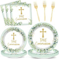 First Communion Party Plates Napkins Green God Bless Baptism Tableware Set Mi Bautizo Dinnerware Eucalyptus Leaf Disposable Paper Plate Fork for Christening Religious Baby Shower Supplies Serve 24 by Naozinebi