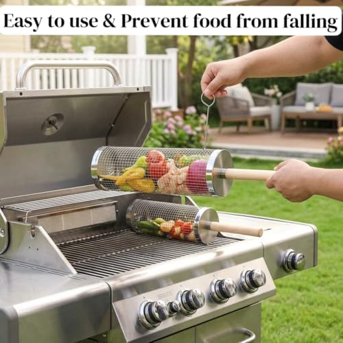 2 PCS Rolling Grill Basket with Wooden Handle and Fish Grill Basket - Image 5