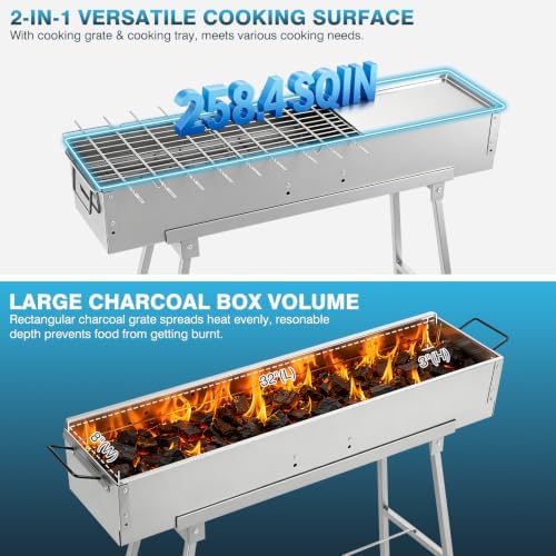 IRONWALLS Portable Charcoal Grill Foldable with Skewer, 32"(L)x8"(W)x32"(H) - Image 4