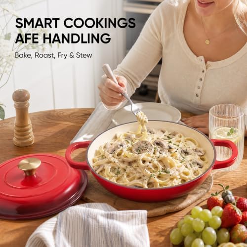 Dutch Oven Enameled Cast Iron with Lid - Big Dual Handles - Oven Safe up to 500°F - Classic Round Pot for Versatile Cooking 3 QT Shallow Pot Red - Image 7
