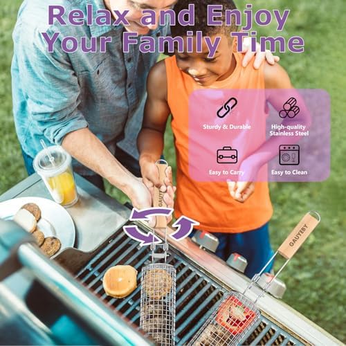 Rolling Grill Basket, 2PCS Grill Baskets for Outdoor Grill, REMOVABLE HANDLE, Anti-Scorch Stainless Steel BBQ Net Tube for Meat, Shrimp, Vegetables, BBQ Gifts for Dad, Husband (Octagon+Round) - Image 2