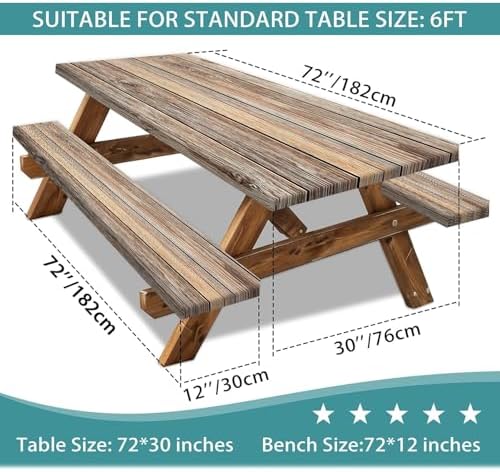 Picnic Table Cover with Bench Covers Camping Essentials Farmhouse Waterproof Windproof Wood Grain Camping Tablecloth Fitted Tablecloth Cover with Elastic Edge for Indoor & Outdoor 3 PCS 30x72 Inch - Image 3