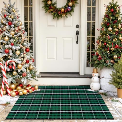 OJIA Christmas Door Mat Outdoor 27.5"x43" Green Plaid Porch Front Door Rug by OJIA