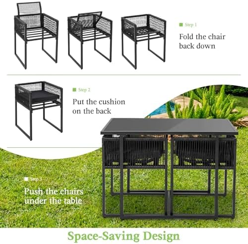 Tangkula 3 Pieces Outdoor Dining Set, PE Rattan Patio Furniture Set with Folding Backrest, Cozy Seat Cushions, Tempered Glass Tabletop, Space-Saving Bistro Table and Chairs Set of 2 for Backyard Pool - Image 5