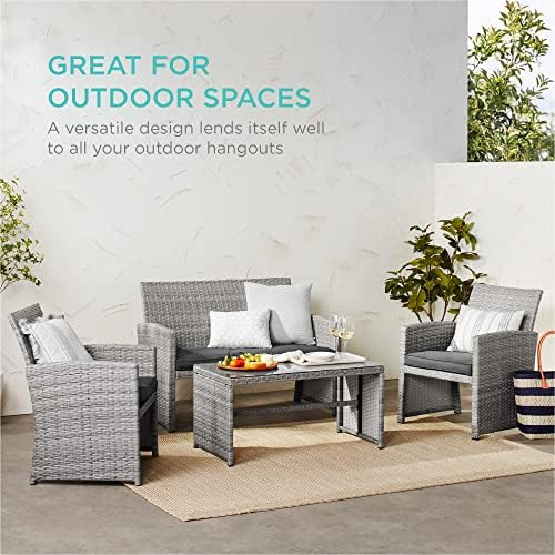 Best Choice Products 4-Piece Outdoor Wicker Patio Conversation Furniture Set for Backyard w/Coffee Table, Seat Cushions - Gray/Gray - Image 6