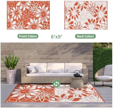 GENIMO Outdoor Rug Waterproof for Patio Decor, 6' x 9' Reversible Plastic Straw Floral Camping Carpet, Large Area Rugs Mats for RV, Camper, Deck, Balcony, Porch, Beach, Picnic, Orange & White - Image 3