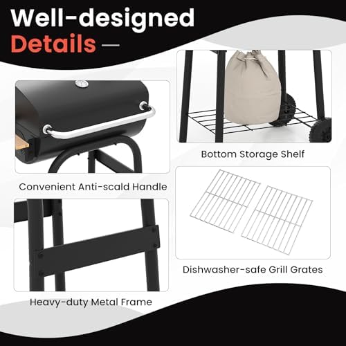 Happygrill Barrel Charcoal Grill with Foldable Side Table & 2 Wheels - Image 4