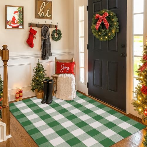 Christmas Green & White Plaid Rug - 4' x 6' Outdoor Front Door Decor Mat Cotton Washable Hand-Woven Rug Christmas New Year Holiday Porch Entryway Layered Doormat - Image 5