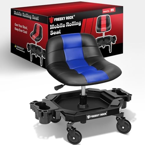 Rolling Stool with Wheels, Adjustable Height Pneumatic Garage Work Mechanic Stool Seat with Backrest, 400 LBS Capacity 360° Swivel Mechanic Crepper Chair with Tool Tray Storage, Blue by FREEKYROCK