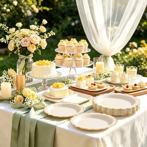 NatNarr 30 Pk Ivory Paper Plates 9" Scalloped Cream Plates with Gold Rim - Image 5