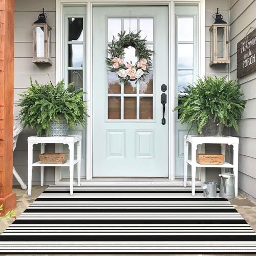 IOHOUZE 4x6 Striped Outdoor Rug, Washable Front Porch, Black White by iOhouze