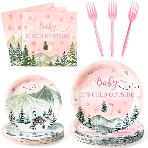 96Pcs Baby It's Cold Outside Pink Winter Wonderland Party Plates Supplies - Party Tableware Decoration Disposable Paper Plates Napkins Fork for Birthday Christmas Baby Shower, Serves 24 by G1ngtar