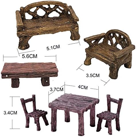 6 Pieces Miniature Table and Chairs Set, Fairy Garden Furniture Bench Ornaments Kit for Dollhouse Accessories, Home Micro Landscape Decoration (Style B) - Image 6