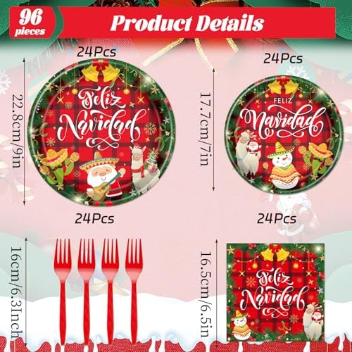 Feliz Navidad Party Decorations Tableware, 96PCS Mexican Christmas Glitter Disposable Paper Plates and Napkins Decoration, Spanish Feliz Navidad Forks Decor Supplies for 24 Guest - Image 2