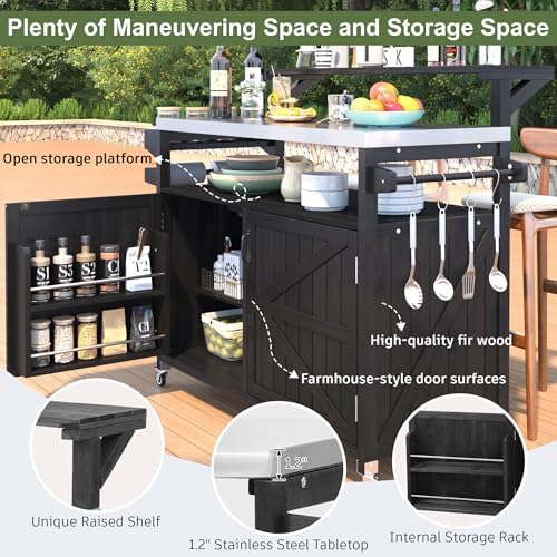 53.3" Outdoor Kitchen Island with Raised Shelf and Stainless Top, Black - Image 5