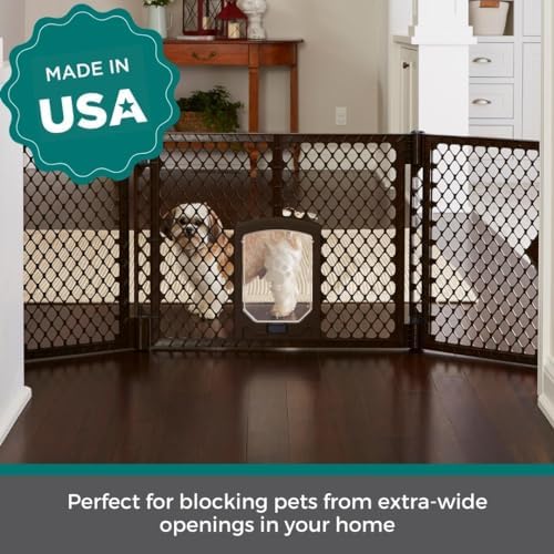 MyPet Extra Wide Dog Gate with Small Pet Door. 38.5” to 103.5" Wide. Cat Gate for Doorway. Made in USA. 26" Tall, Brown - Image 2