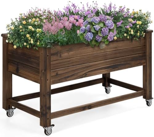 OIPRTGFJ Cedar Wood Outdoor Raised Garden Bed Planter Box with Locking Wheels, 41x21x20 inch, Carbonization Color by OIPRTGFJ