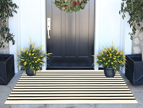 Fall Striped Outdoor Rug 2'x4.3'Black and Beige Layering Front Porch Rug - Image 5