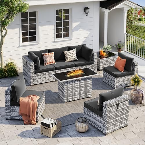 UDPATIO Patio Furniture Set with Fire Pit Table, 8 Pcs Outdoor Sectional Sofa, PE Wicker Patio Conversation Set for Garden, Backyard (Black Cushions with Grey Rattan) by UDPATIO