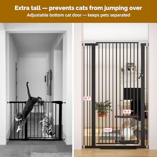 55.1" Extra Tall Pet Gate with Adjustable Cat Door, 29.5-35" Extra Wide Cat Gate, Pressure Mounted Walk Through Pet Safety Gate for Stairs, Doorways, Black - Image 3