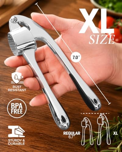 Zulay Kitchen Metal Large Garlic Press, Garlic Mincer, Peeler-Brush, Silver - Image 3