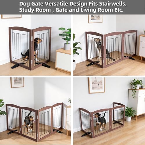 ZJSF Freestanding Dog Fence Indoor, Foldable Dog Gate for Doorways, Stairs or Hallways, Sturdy Wood Extra Wide Pet Gate with Support Feet for The House, Brown, 24 "Height-2 Panels - Image 4
