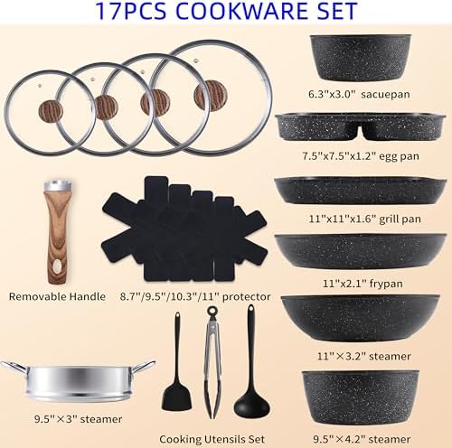 Simple Deluxe 17Pcs Ceramic Cookware Set, Nonstick & Non-Toxic Healthy Pots and Pans, Heat-Resistant Handles, Induction Cookware Sets with Frying Pans, Black - Image 6