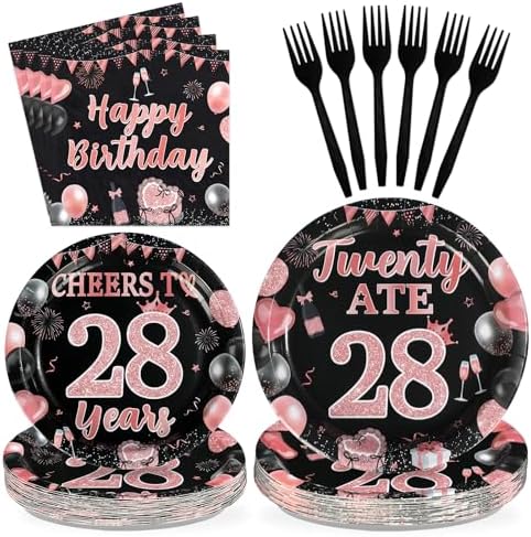 96Pcs Black Rose Gold 28th Birthday Decorations, Serves 24 by Greencian