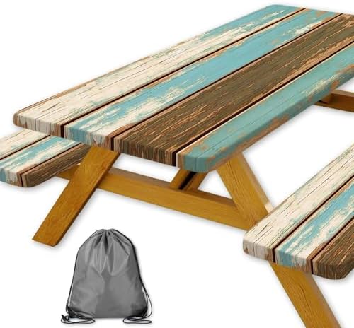 Picnic Table Cover with Bench Covers, Camping Essentials, Farmhouse Wood Green Waterproof Windproof Table Cover, Fitted Tablecloth Cover with Elastic Edge, for Indoor & Outdoor, 3 PCS, 30x72 Inch by Xguatan
