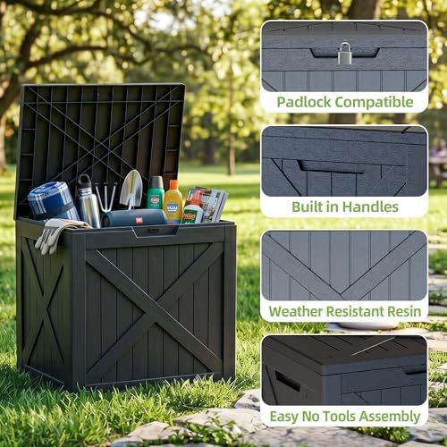 ROJIK 33 Gallon Deck Boxes Outdoor Waterproof, Weatherproof Lockable Storage Box with Lid and Side Handles, Resin Outdoor Storage Bench for Patio Furniture Cushions, Garden Tools (Black, 33 Gallon) - Image 5