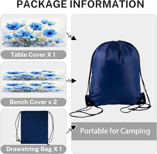 CAPSCEOLL Fitted Picnic Table Cover with Bench Covers 8ft - Blue Flowers - Image 4