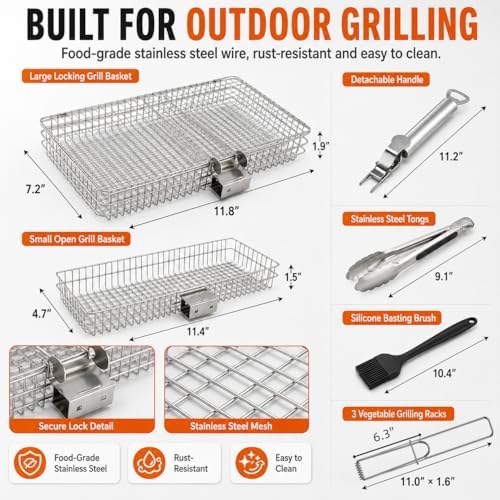 8-Piece BBQ Grill Basket Set - Stainless Steel Vegetable Grilling Basket with Detachable Handle & Lid, Portable Fish Grilling Basket & Meat Roaster, Grilling Gifts for Men Dad - Image 6