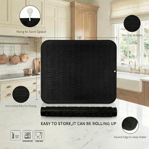 MicoYang Silicone Dish Drying Mat for Multiple Usage,Easy clean,Eco-friendly,Heat-resistant Silicone Mat for Kitchen Counter or Sink,Refrigerator or Drawer Liner Black XL 18 inches x 16 inches - Image 2