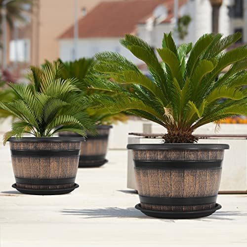 Quarut Large Plastic 4 Pack14 inch Plant Pots,Whiskey Barrel Planters with Drainage Holes & Saucer.Flower Pots Imitation Wine Barrel Design for Indoor & Outdoor Garden Balcony Plants.5 Gallons(Brown) - Image 6