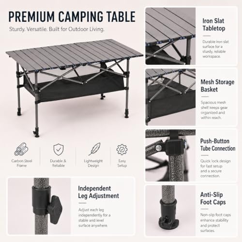 Portable Folding Camping Table, Adjustable Height, Black, 37 x 21 in - Image 4