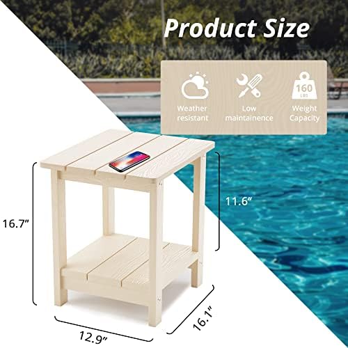 LUE BONA Outdoor Side Table, 2-Tier HDPS Small Patio Table, Sand - Image 2