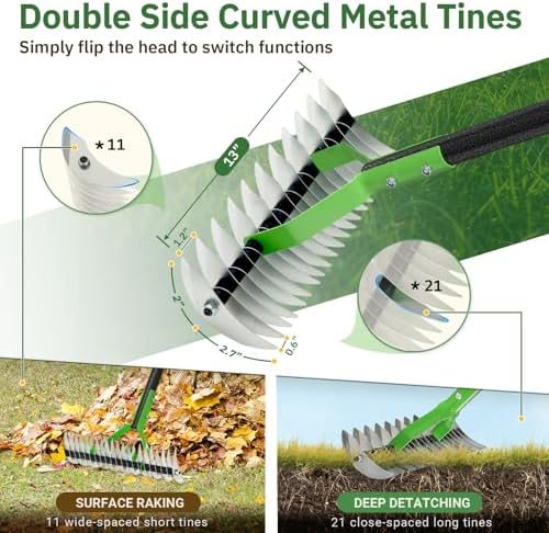 Thatch Rake, 13" Wide Efficient Dethatcher Rake with 55" Adjustable Long Handle, Heavy Duty Steel Metal Dethatching Rakes for Cleaning Dead Grass, Loosening Soil, Lawn Care in Yard Garden - Image 4