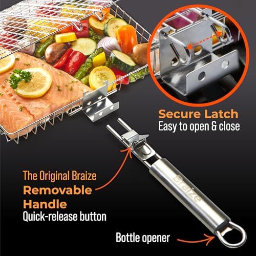 Stainless Steel Large Grill Basket with Easy Open/Close Lid and Removable Handle - 12.25 x 9.5 x 1.5 Inches - Includes Carry/Storage Bag - Image 3