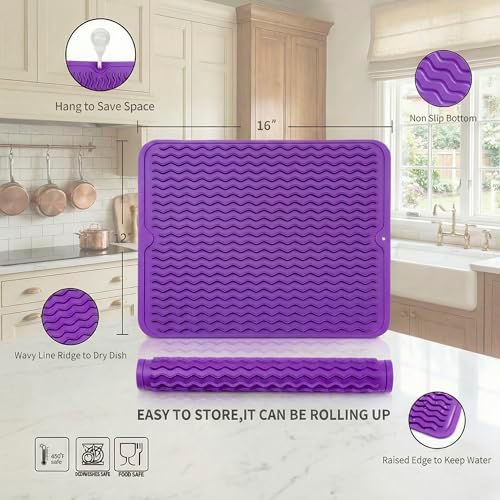 MicoYang Silicone Dish Drying Mat — Quick-Dry Ridges Counter & Sink Pad, Heat-Resistant Trivet to 450°F, Non-Slip & Dishwasher Safe, Roll-Up Storage, 18 Colors & 9 Sizes (Purple, 16"×12") - Image 2