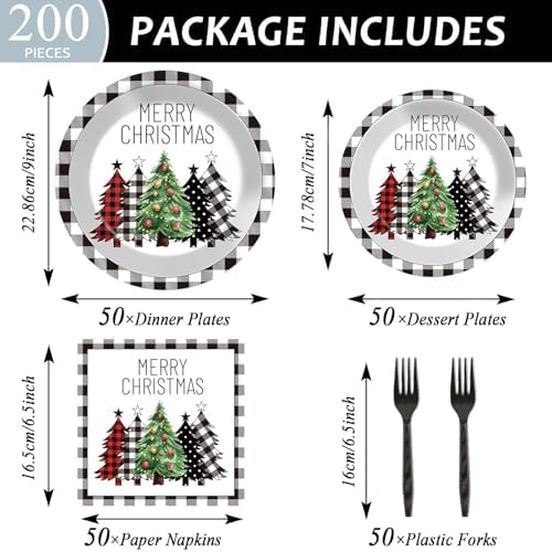 200Pcs Buffalo Plaid Christmas Tree Party Plates Napkins Christmas Black White Buffalo Plaid Theme Tableware Set for Xmas Holiday Decoration Dessert Plates Serve 50 Guests for Birthday Party Supplies - Image 2