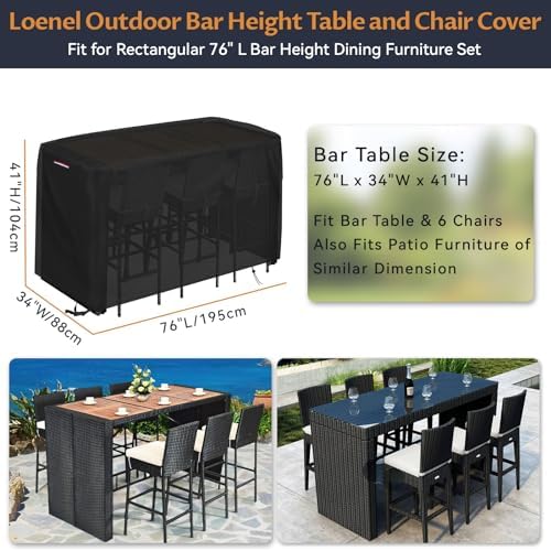 Outdoor Bar Height Table Set Cover Waterproof, 76"L x 34"W x 42"H - Image 3