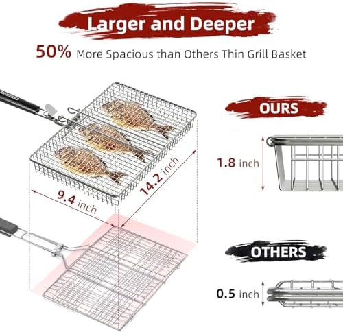 Grill Basket Extra Large, SUS304 Stainless Steel, Portable Folding BBQ Camping Grilling Rack for Fish, Vegetables, Shrimp, Barbeque Griller Cooking Accessories, Grilling Gifts for Men, Dad - Image 3