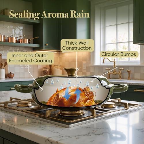 3 Quart Enameled Cast Iron Braiser, Non Stick Enameled Cast Iron Skillet with Lid, Dutch Oven Skillet with lid up to 500°F for Oven, Stove, Grill, Shallow Dutch Oven for Cook, Bake (Golden Green) - Image 5