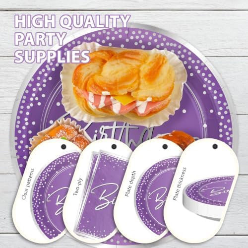 250Pcs Purple Silver Birthday Party Plates Serves 50 - Image 4