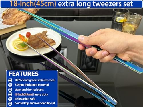 JETKONG 2 Pcs 18 Inch (45cm) Stainless Steel Grill Tongs Heavy Duty Giant Tweezer Tongs, Extra Large Tweezers Tools for Cooking, Grilling, BBQ and Turning Food (Rainbow) - Image 3