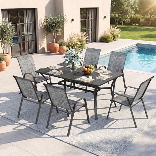Outdoor Dining Set for 6, Metal Table and Stackable Chairs by CHINNLUU