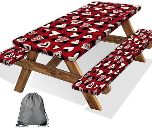 Valentines Day Picnic Table Cover with Bench Covers, Camping Essentials, Heart Buffalo Plaid Outdoor Table Covers, Waterproof Windproof, Fitted Tablecloth Cover with Elastic Edge, 3 PCS, 30x72 Inch by Xguatan