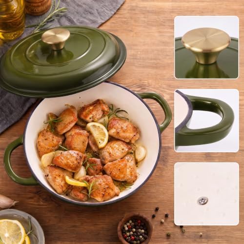 Dutch Oven Enameled Cast Iron with Lid - Big Dual Handles - Oven Safe up to 500°F - Classic Round Pot for Versatile Cooking 3 QT Shallow Pot Golden Green - Image 3
